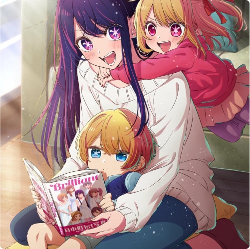 Ai Hoshino reading with Aqua while hugged by Ruby in Oshi No Ko anime